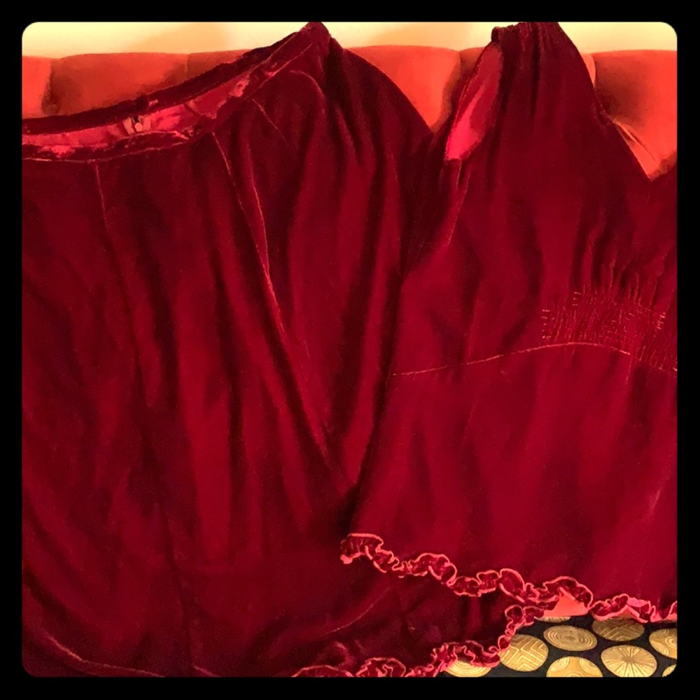 Ruby Red Velvet After 5 outfit with ruffled hem.